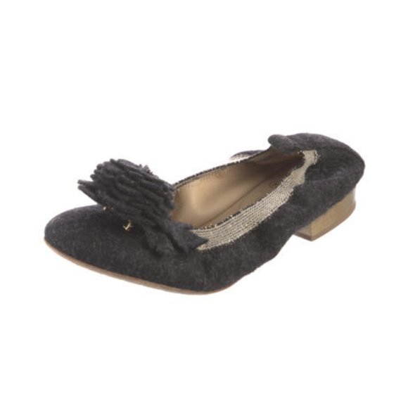 CHANEL 2015 Black Wool Interlocking CC Logo Flats Flower Embellishment Size 36 - Picture 3 of 5